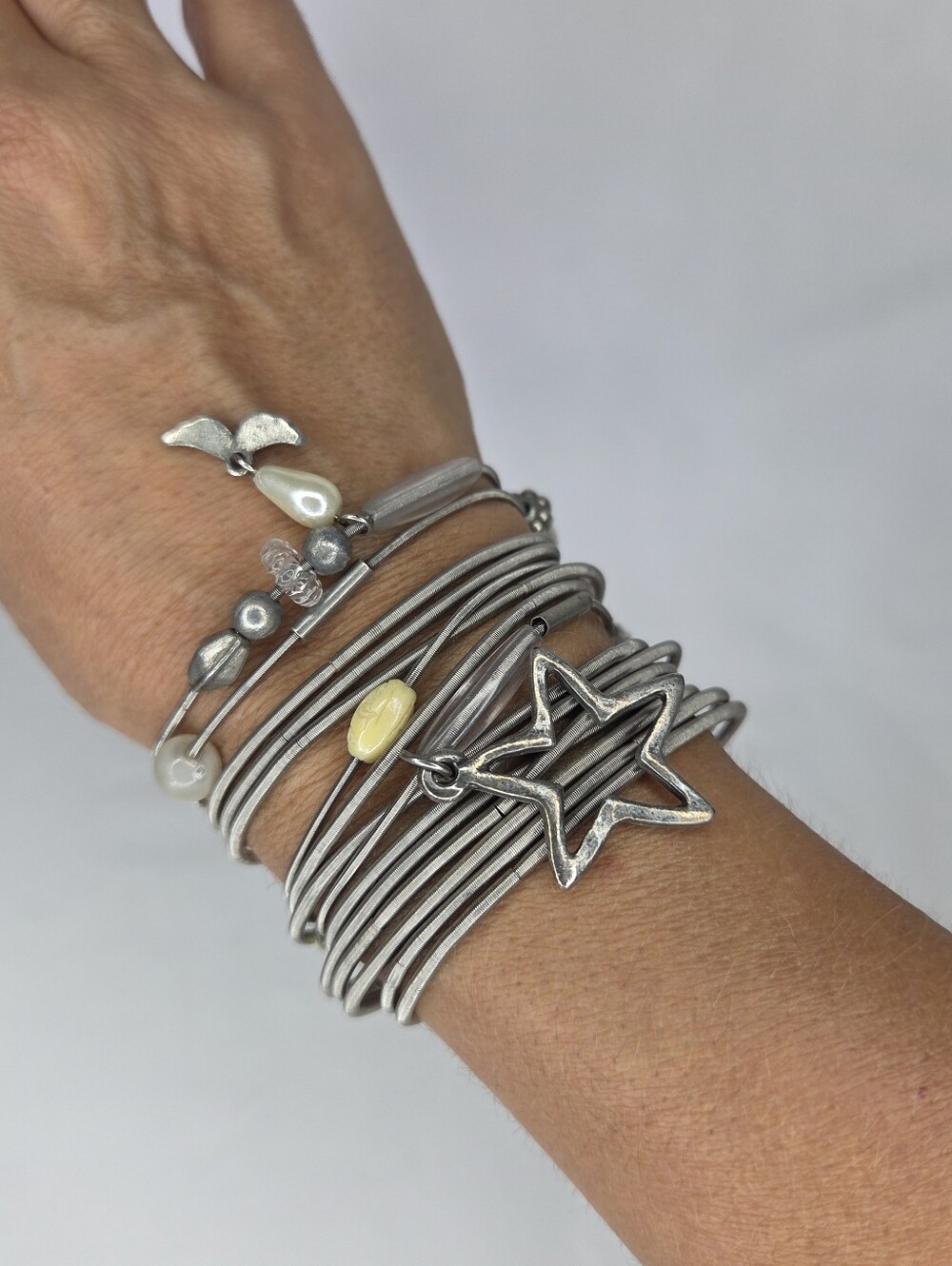 Silver Strech Bracelets Multi Strands with Charms And Beads